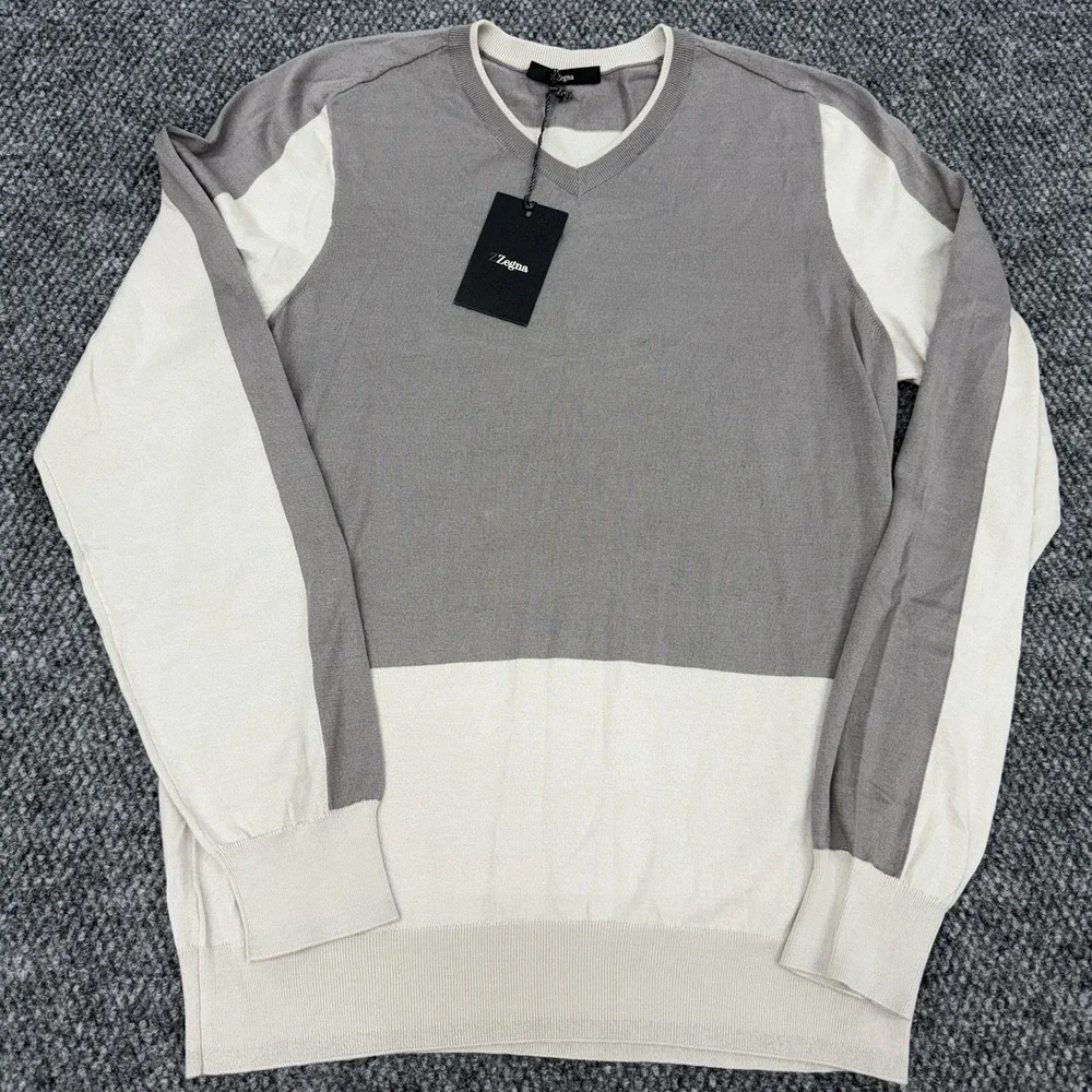 Z Zegna Men's Large Beige Gray Knit Wool V-Neck Sweater Jumper